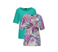 Kurzarmshirt GOLDNER "Kurzgröße Elegantes Shirt-Duo mit Muster-Mix", Damen, Gr. 24, blau (türkis, türkis, gemustert), Obermaterial: 95% Viskose CV. 5% Elasthan EL., gerade, U-Boot-Ausschnitt, Shirts,