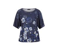 Kurzarmshirt GOLDNER "Kurzgröße Florales Oberteil in Blau mit Halbarm", Damen, Gr. 20, blau (marine, weiß, geblümt), Obermaterial: 95% Polyester PES. 5% Elasthan EL., figurumspielend, U-Boot-Ausschnit