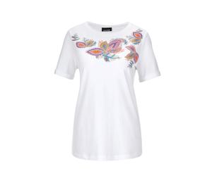 Kurzarmshirt GOLDNER "Kurzgröße Florales Shirt mit U-Boot-Ausschnitt", Damen, Gr. 24, bunt (bunt, gemustert), Obermaterial: 95% Baumwolle CO. 5% Elasthan EL., gerade, Gerade, Shirts, Sonstige (7223753