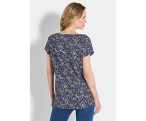 Kurzarmshirt GOLDNER "Kurzgröße Halbarm Printshirt, U-Boot-Ausschnitt", Damen, Gr. 22, blau (blau, stein, gemustert), Obermaterial: 95% Baumwolle CO. 5% Elasthan EL., Modisch, U-Boot-Ausschnitt, Shirt