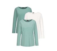 Kurzarmshirt GOLDNER "Kurzgröße Langarm 3er-Baumwollshirt-Set", Damen, Gr. 21, grün (graugrün, cremeweiß, graugrün, geringelt), Obermaterial: 95% Baumwolle CO. 5% Elasthan EL., Modisch, U-Boot-Ausschn