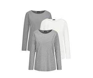Kurzarmshirt GOLDNER "Kurzgröße Langarm 3er-Baumwollshirt-Set", Damen, Gr. 23, grau (grau, cremeweiß, grau, geringelt), Obermaterial: 95% Baumwolle CO. 5% Elasthan EL., Modisch, U-Boot-Ausschnitt, Shi