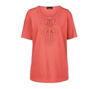 Kurzarmshirt GOLDNER "Kurzgröße Rundhalsshirt mit Häkelspitze", Damen, Gr. 21, rot (koralle), Obermaterial: 92% Baumwolle CO. 8% Elasthan EL., Tubular, Shirts, Effektvolle Häkelspitze (28612110-21) ko