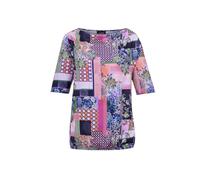 Kurzarmshirt GOLDNER "Kurzgröße Shirt mit Wasserfallausschnitt", Damen, Gr. 22, blau (marine, gemustert), Obermaterial: 95% Polyester PES. 5% Elasthan EL., figurumspielend, Sonstiges, Shirts, keine/ni