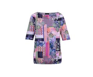 Kurzarmshirt GOLDNER "Kurzgröße Shirt mit Wasserfallausschnitt", Damen, Gr. 22, blau (marine, gemustert), Obermaterial: 95% Polyester PES. 5% Elasthan EL., figurumspielend, Sonstiges, Shirts, keine/ni