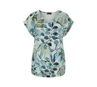 Kurzarmshirt GOLDNER "Kurzgröße Sommershirt mit Print, V-Ausschnitt", Damen, Gr. 20, grün (grün, gemustert), Obermaterial: 94% Viskose CV. 6% Elasthan EL., figurumspielend, V-Ausschnitt, mit Aufschlag