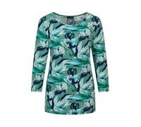 Kurzarmshirt GOLDNER "Kurzgröße Viskoseshirt floral, U-Boot-Ausschnitt", Damen, Gr. 22, blau (marine, gemustert), Obermaterial: 95% Viskose CV. 5% Elasthan EL., Modisch, Shirts, U-Boot-Ausschnitt (376