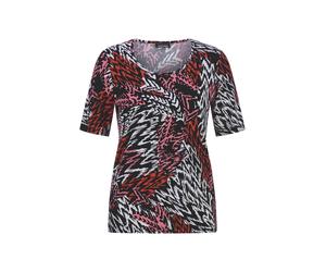 Kurzarmshirt GOLDNER "Kurzgröße Viskoseshirt in abstrakter Felloptik", Damen, Gr. 24, schwarz (schwarz, rot, gemustert), Obermaterial: 95% Viskose CV. 5% Elasthan EL., Modisch, Gerade, Shirts, stretch