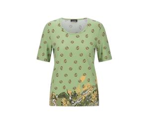Kurzarmshirt GOLDNER "Kurzgröße Viskoseshirt mit Blüten- und Blätter-Print", Damen, Gr. 22, grün (hellgrün, honig, gemustert), Obermaterial: 95% Viskose CV. 5% Elasthan EL., Modisch, Gerade, Shirts, s