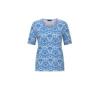 Kurzarmshirt GOLDNER "Kurzgröße Viskoseshirt mit femininem Ornamentmuster", Damen, Gr. 21, blau (blau, weiß, gemustert), Obermaterial: 95% Viskose CV. 5% Elasthan EL., Modisch, Gerade, Shirts, stretch