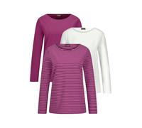 Kurzarmshirt GOLDNER "Langarm 3er-Baumwollshirt-Set", Damen, Gr. 40, pink (beere, cremeweiß, beere, geringelt), Obermaterial: 95% Baumwolle CO. 5% Elasthan EL., Shirts (83339608-40) beere, cremeweiß,