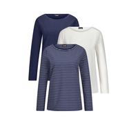Kurzarmshirt GOLDNER "Langarm 3er-Baumwollshirt-Set", Damen, Gr. 48, blau (marine, cremeweiß, marine, geringelt), Obermaterial: 95% Baumwolle CO. 5% Elasthan EL., Modisch, U-Boot-Ausschnitt, Shirts, U