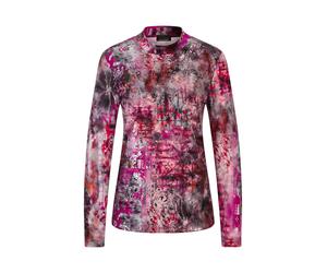 Kurzarmshirt GOLDNER "Langarm Jersey-Shirt mit Allover-Druck", Damen, Gr. 50, pink (beere, gemustert), Obermaterial: 62% Polyester PES. 33% Viskose CV. 5% Elasthan EL., Shirts, Stehbundkragen (7886174