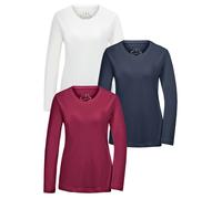 Kurzarmshirt GOLDNER "Langarmshirt im 3er-Pack", Damen, Gr. 40, blau (weiß, marine, cyclam), Obermaterial: 95% Baumwolle CO. 5% Elasthan EL., gerade, elastischer Saum, Shirts, keine/nicht relevant (98