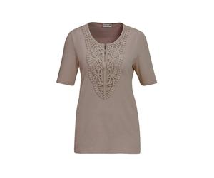 Kurzarmshirt GOLDNER "Rundhalsshirt mit Häkelspitze", Damen, Gr. 40, braun (mocca), Obermaterial: 92% Baumwolle CO. 8% Elasthan EL., Tubular, Shirts, Effektvolle Häkelspitze (87035060-40) mocca