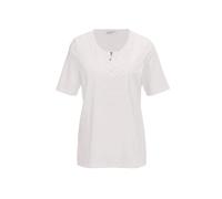 Kurzarmshirt GOLDNER "Rundhalsshirt mit Häkelspitze", Damen, Gr. 42, beige (cremeweiß), Obermaterial: 92% Baumwolle CO. 8% Elasthan EL., Tubular, Shirts, Effektvolle Häkelspitze (27037966-42) cremewei