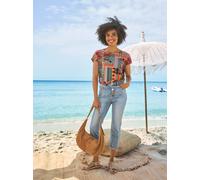 Kurzarmshirt HEINE "Druck-Shirt", Damen, Gr. 44, bunt (terra, rot, bedruckt), 95% Viskose, 5% Elasthan, bedruckt, ethno, gemustert, mehrfarbig, Rundhals, Shirts (24435307-44) terra, rot, bedruckt