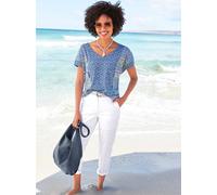 Kurzarmshirt HEINE "Druck-Shirt", Damen, Gr. 50, blau (jeansblau, bleu, bedruckt), 95% Viskose, 5% Elasthan, bedruckt, geblümt, gemustert, mehrfarbig, V-Ausschnitt, Shirts (27903209-50) jeansblau, ble