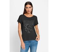 Kurzarmshirt HEINE "Shirt", Damen, Gr. 46, schwarz, 95% Viskose, 5% Elasthan, bedruckt, gemustert, mehrfarbig, Rundhals, Shirts (41270950-46) schwarz
