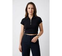 Kurzarmshirt HUGO BLUE "Dastaja", Damen, Gr. S (36), schwarz 001, Single Jersey, Obermaterial: 94% Baumwolle, 6% Elasthan, unifarben, figurbetont taillenlang, Shirts, mit Kragen & cropped, in verkürzt