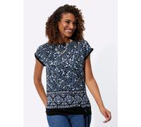 Kurzarmshirt INSPIRATIONEN "Shirt", Damen, Gr. 48, blau (jeansblau, schwarz, bedruckt), 95% Viskose, 5% Elasthan, bedruckt, geblümt, gemustert, mehrfarbig, U-Boot-Ausschnitt, Shirts (41146968-48) jean