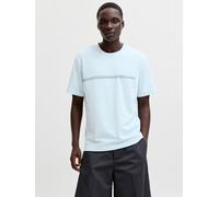 Kurzarmshirt JACK & JONES "JCOFUSION CHEST BRAND TEE SS CREW SN", Herren, Gr. M, blau (omphalodes), Jersey, Obermaterial: 58% Polyester, 42% Baumwolle, bedruckt, regular fit normal, Rundhals, Shirts,