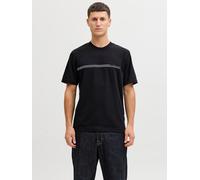 Kurzarmshirt JACK & JONES "JCOFUSION CHEST BRAND TEE SS CREW SN", Herren, Gr. S, schwarz, Jersey, Obermaterial: 58% Polyester, 42% Baumwolle, bedruckt, regular fit normal, Rundhals, Shirts, Materialmi