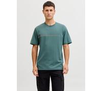 Kurzarmshirt JACK & JONES "JCOFUSION CHEST BRAND TEE SS CREW SN", Herren, Gr. XS, north atlantic, Jersey, Obermaterial: 58% Polyester, 42% Baumwolle, bedruckt, regular fit normal, Rundhals, Shirts Kur