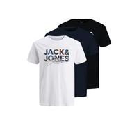 Kurzarmshirt JACK & JONES "JJGEPLAS TEE SS CREW NECK 3PK MP", Herren, Gr. M, weiß (weiß pack:weiß(big), skycap(small), schwarz(big)), Jersey, Obermaterial: 100% Baumwolle, bedruckt, regular fit normal