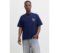 Kurzarmshirt JACK & JONES "JORNORREBRO TYPO TEE SS CREW NECK NOOS", Herren, Gr. M, blau (ocean cavern), Jersey, Obermaterial: 100% Baumwolle, bedruckt, relaxed fit normal, Rundhals, Shirts, mit Print