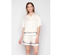 Kurzarmshirt JOOP, Damen, Gr. 44, goldener print, Web, Obermaterial: 100% Lyocell, bequem hüftlang, ohne Ausschnitt, Shirts, mit kurzem Ärmeln, Kragen und grafischem Muster (31907246-44) goldener prin