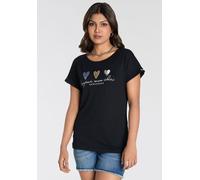 Kurzarmshirt KANGAROOS, Damen, Gr. 36/38, schwarz, Jersey, Obermaterial: 50% Baumwolle, 50% Modal, bedruckt, unifarben mit Farbeinsatz, figurumspielend hüftbedeckend, Rundhals, angeschnitten,mit Aufsc