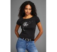 Kurzarmshirt KANGAROOS, Damen, Gr. 36/38, schwarz, Rippware, Obermaterial: 100% Baumwolle, bedruckt, gemustert, Basic hüftbedeckend, Rundhals, mit Umschlag, Shirts, Kurzarm, körpernahe Passform, bedru