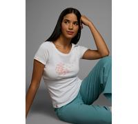 Kurzarmshirt KANGAROOS, Damen, Gr. 36/38, weiß, Rippware, Obermaterial: 100% Baumwolle, Basic hüftbedeckend, Rundhals, mit Umschlag, Shirts, Kurzarm, körpernahe Passform, bedrucktes Design (83392014-3