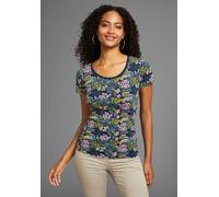 Kurzarmshirt KANGAROOS, Damen, Gr. 40/42, blau (dunkelblau), Rippware, Obermaterial: 100% Baumwolle, bedruckt, geblümt, gemustert, körpernah hüftbedeckend, Rundhals, Shirts, mit geblümten Allover-Prin