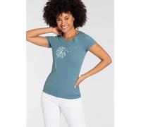 Kurzarmshirt KANGAROOS, Damen, Gr. 44/46, grün (grüngrau, woll weiß), Rippware, Obermaterial: 100% Baumwolle, bedruckt, Basic hüftbedeckend, Rundhals, mit Umschlag, Shirts, Kurzarm, körpernahe Passfor