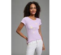 Kurzarmshirt KANGAROOS, Damen, Gr. 44/46, lila (flieder), Rippware, Obermaterial: 100% Baumwolle, Basic hüftbedeckend, Rundhals, mit Umschlag, Shirts, Kurzarm, körpernahe Passform, bedrucktes Design (