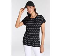 Kurzarmshirt KANGAROOS, Damen, Gr. 44/46, schwarz-weiß (schwarz, weiß), Single Jersey, Obermaterial: 50% Baumwolle, 50% Modal, Fischgratmuster, bedruckt, gemustert, gestreift, figurumspielend hüftbede