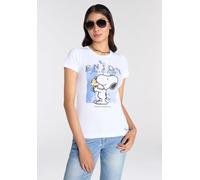 Kurzarmshirt KANGAROOS, Damen, Gr. 44/46, weiß (weiß, blau), Rippware, Obermaterial: 100% Baumwolle, bedruckt, metallic, sehr figurbetont hüftbedeckend, Rundhals, Shirts, mit lizensiertem Snoopy Print