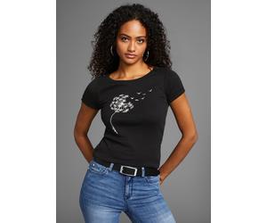 Kurzarmshirt KANGAROOS, Damen, Gr. 48/50, schwarz, Rippware, Obermaterial: 100% Baumwolle, bedruckt, gemustert, Basic hüftbedeckend, Rundhals, mit Umschlag, Shirts, Kurzarm, körpernahe Passform, bedru