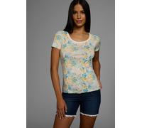 Kurzarmshirt KANGAROOS, Damen, Gr. 48/50, woll weiß, bunt, Rippware, Obermaterial: 100% Baumwolle, bedruckt, geblümt, gemustert, körpernah hüftbedeckend, Rundhals, Shirts, mit geblümten Allover-Print