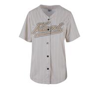 Kurzarmshirt KARL KANI "Karl Kani Damen KW233-035-1 KK Varsity Pinstripe Baseball Shirt", Damen, Gr. XS, cream, weiß, 100% Polyester (Recycelt), gestreift, oversize, V-Ausschnitt, Shirts Kurzarmshirt