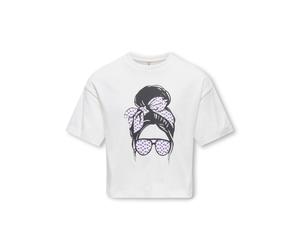 Kurzarmshirt KIDS ONLY "KOGMAIKEN GIRLROSE LOOSE SS TOP JRS NOOS", Mädchen, Gr. 134/140, cloud dancer print:girl headband, pansy heart glitter, Jersey, Obermaterial: 100% Baumwolle, bedruckt, normal,