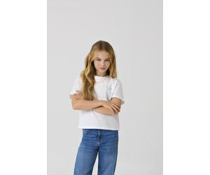 Kurzarmshirt KIDS ONLY "KOGMAIKEN LIFE CROPHEART SS TOP JRS NOOS", Mädchen, Gr. 134/140, cloud dancer print:heart emb., birds egg grün, Jersey, Obermaterial: 100% Baumwolle, unifarben, regular fit hüf