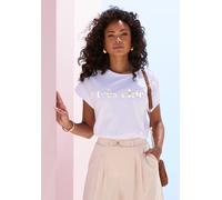 Kurzarmshirt LASCANA, Damen, Gr. 32/34, blau (weiß), Jersey, Obermaterial: 100% Baumwolle, unifarben mit Farbeinsatz, figurumspielend hüftlang, Rundhals, Blende, Shirts (76243411-32) weiß