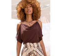 Kurzarmshirt LASCANA, Damen, Gr. 32/34, braun, Jersey, Obermaterial: 95% Polyester, 5% Elasthan, unifarben, modisch, figurumspielend hüftlang, Rundhals, Kurzarm Ärmel mit Ärmelschlitz, Shirts (3092783