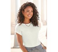 Kurzarmshirt LASCANA, Damen, Gr. 36/38, beige (creme), Jersey, Obermaterial: 62% Polyester, 33% Viskose, 5% Elasthan, unifarben, casual, figurumspielend hüftlang, Rundhals, Kurzarm, Shirts, mit Biesen