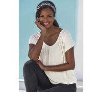 Kurzarmshirt LASCANA, Damen, Gr. 36/38, beige (creme), Single Jersey, Obermaterial: 95% Viskose (LENZING ECOVERO), 5% Elasthan, unifarben, Basic, figurumspielend normal, V-Ausschnitt, Kurzarm angeschn