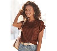 Kurzarmshirt LASCANA, Damen, Gr. 36/38, braun (rostbraun), Jersey, Obermaterial: 62% Polyester, 33% Viskose, 5% Elasthan, unifarben, casual, figurumspielend hüftlang, Rundhals, Kurzarm, Shirts, mit Bi