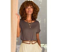 Kurzarmshirt LASCANA, Damen, Gr. 36/38, grau (taupe), Jersey, Obermaterial: 100% Viskose, unifarben, figurumspielend hüftlang, Rundhals, Aufschlag, Shirts, mit Rundhalsausschnitt, Jerseyware, Ärmelauf